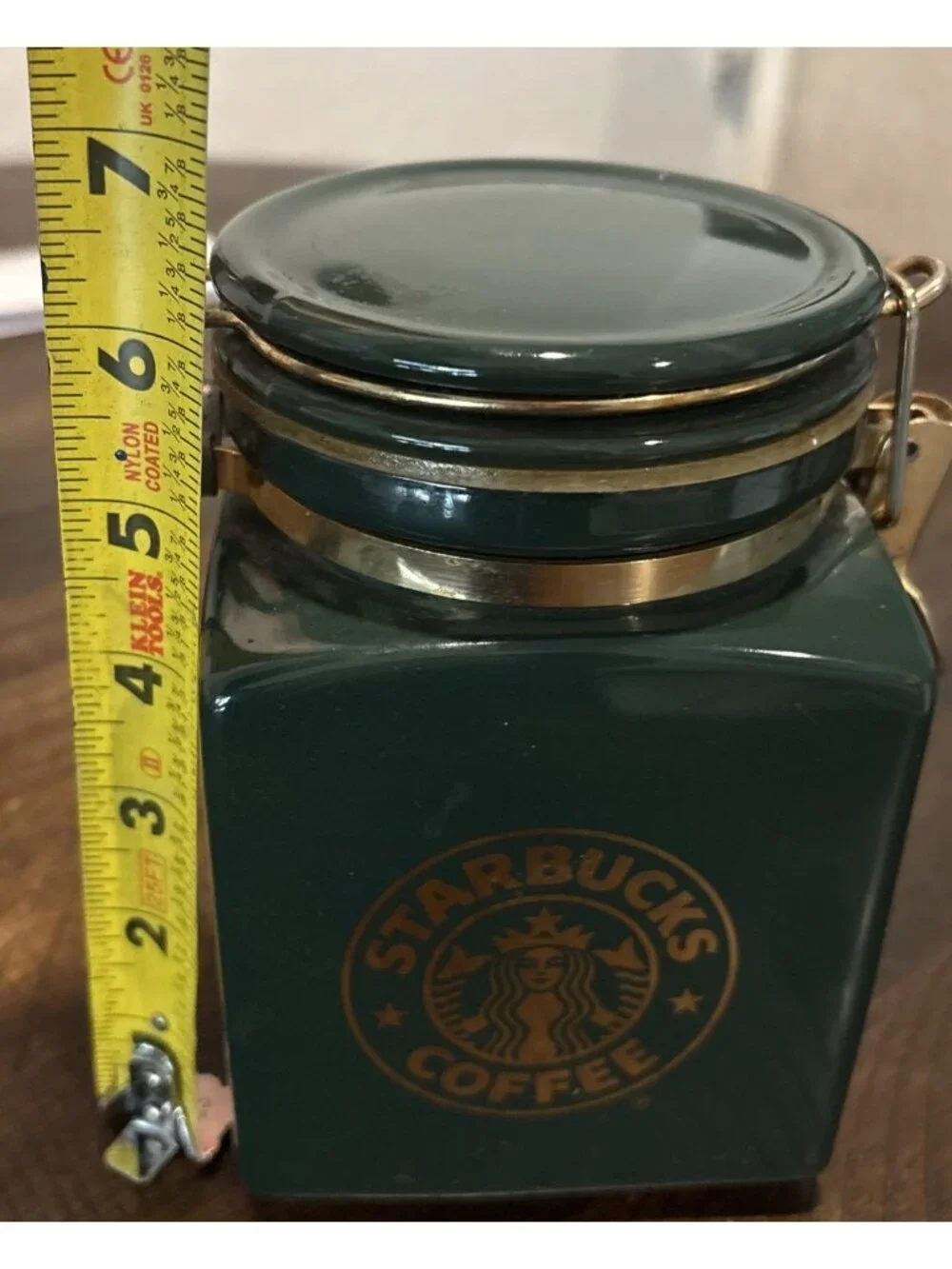 Starbucks Ceramic Coffee Canister Gold Mermaid Logo Green 7”